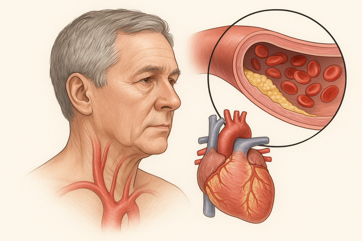 고지혈증 남성 사진이있고 심장과 혈관이 막힌 그림