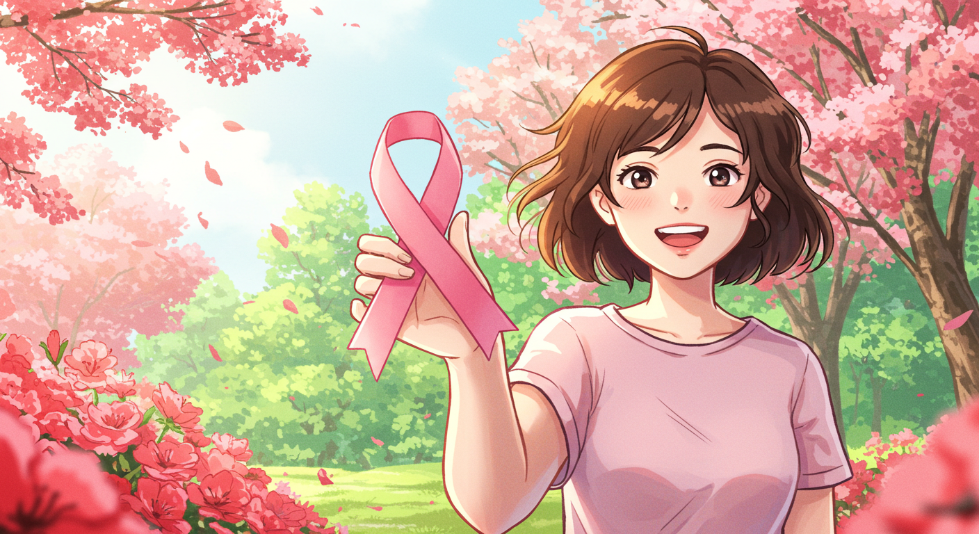 핑크리본을 들고 환하게 웃는 여성 일러스트