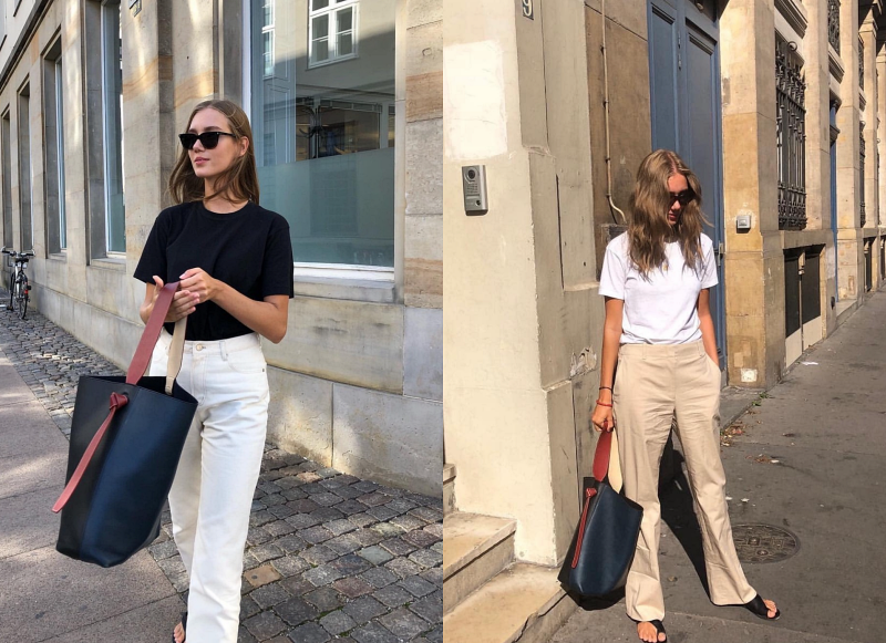 얇은소재의 긴바지와 반팔을 입은 모습