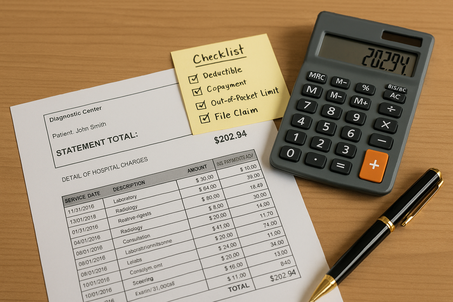 책상 위 진료비 영수증, 계산기, 체크리스트, 펜이 놓인 실사 사진 — 공적보장 적용 후 최종 자기부담 계산 장면
