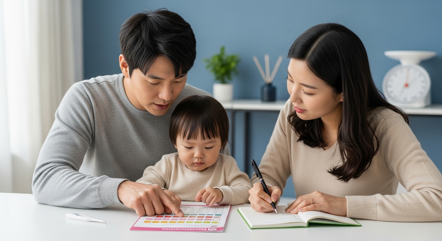 2025년 영유아 건강검진 준비를 위해 아이의 발달 기록을 꼼꼼히 확인하는 한국인 부모.
