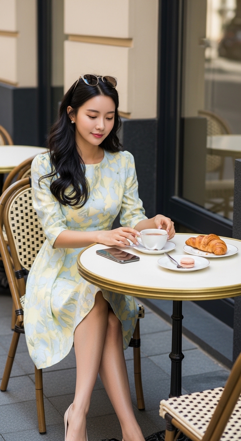 맑은 여름 하늘 아래 야외 카페에 앉아 있는 우아한 여성의 전신 컷