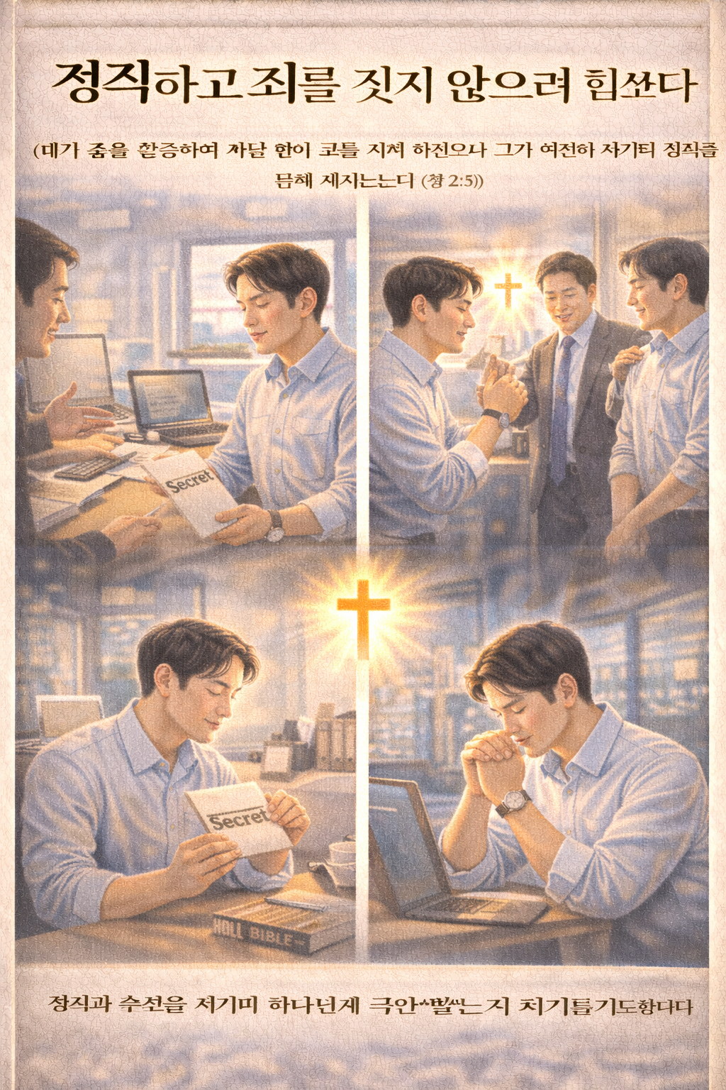 욥2:3 말씀에서 욥은 하나님께로부터 시험을 받아 고난을 당했으나 죄를 짓지 않았을 뿐 아니라 아무도 비난하지 않았고&amp;#44; 하나님께로부터 정직하고 죄없는 자라는 극찬을 받았습니다. 온 땅의 주관자 되어 주시는 주님께서 사람에 대해 이와 같이 극찬하시는 것을 보며 나도 하나님께로부터 극찬을 받는 자가 되어 주님의 은혜 안에 거하는 자가 되기를 간절히 기도합니다. 저도 정직하고 죄를 짓지 않으려는 시도를 지속하는 모습입니다.