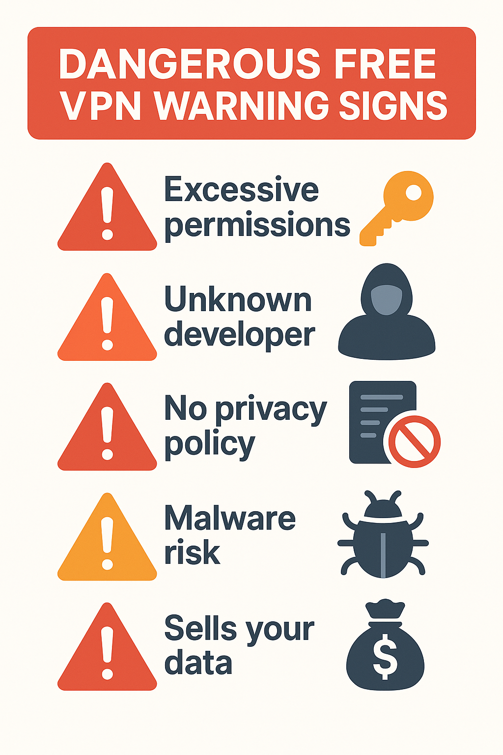 위험한 무료VPN 경고 신호 - 과도한권한, 불명확한개발자, 멀웨어위험 주의사항