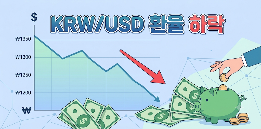 원달러 환율이 하락하는 그래프와 달러 지폐, 저금통을 함께 그린 경제 일러스트
