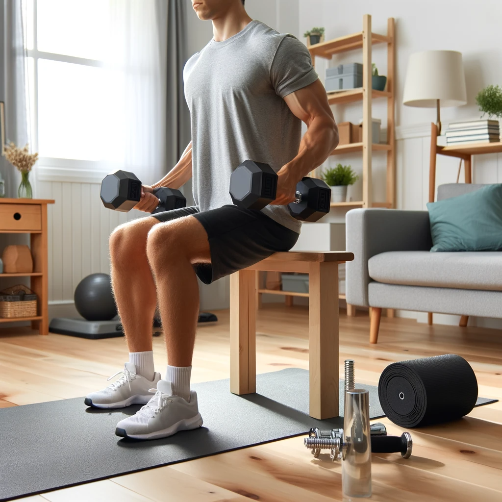 집에서 덤벨로 팔운동을 하고있는 남자