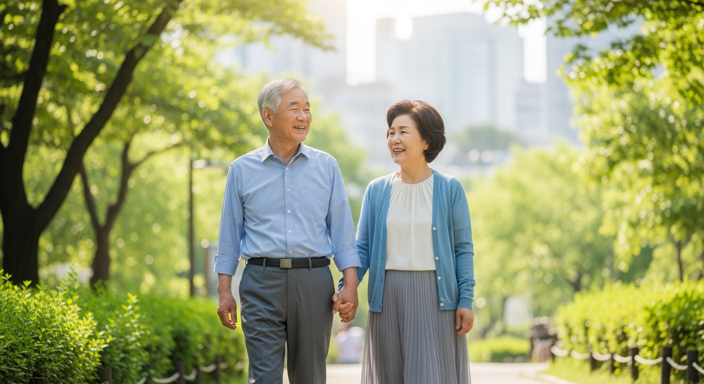 토스뱅크로 든든한 비상금을 얻고. 한국인 노부부가 공원을 여유롭게 산책하는 모습