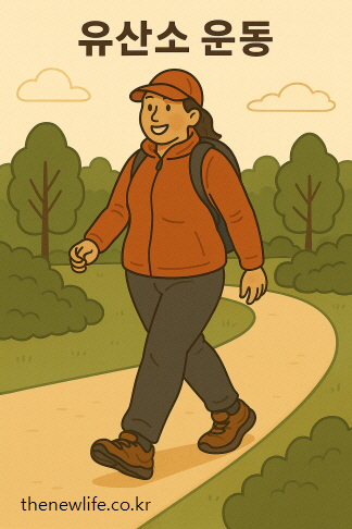 숲길을 걷고 있는 등산복 차림의 여성 일러스트 &ndash; 뱃살 빼는 운동에서 가장 중요한 유산소 운동을 상징