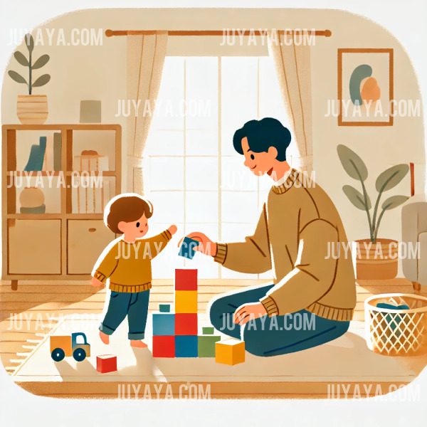 놀이방에서 블록을 가지고 놀며 웃는 부모와 아이의 따뜻한 웹툰 스타일 일러스트. 밝고 깨끗한 배경 속에서 행복한 놀이 시간을 표현.
