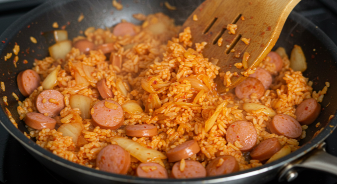 김치와 소세지가 섞인 밥을 볶는 모습