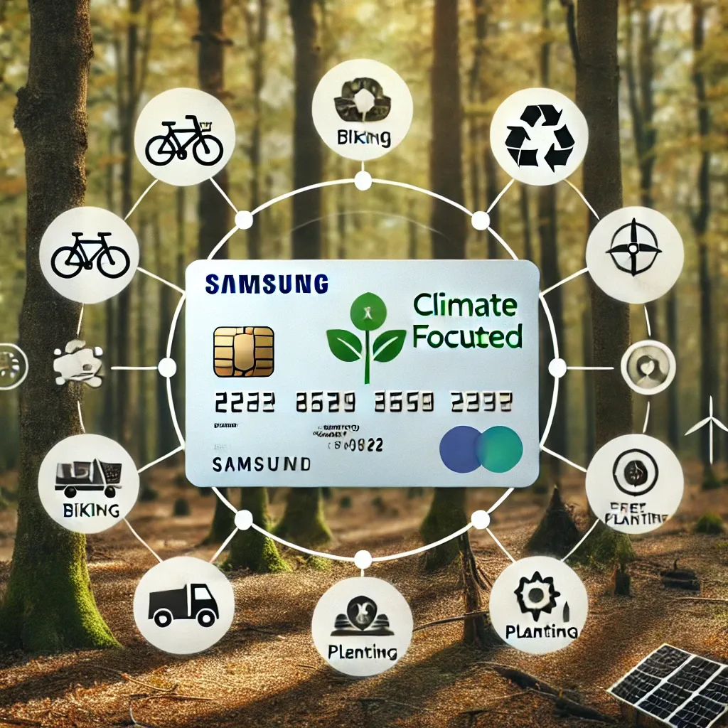 기후동행 삼성카드와 녹색 잎 및 친환경 아이콘