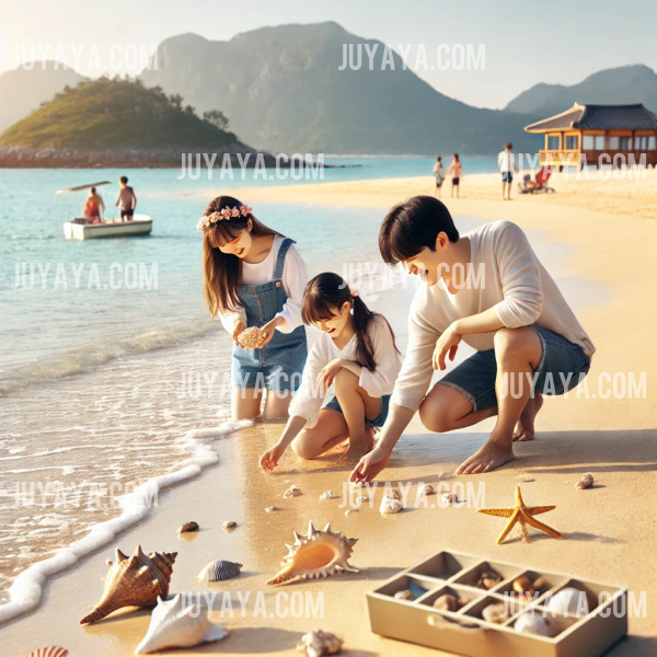 A family happily collecting shells on Cheongsando Island&amp;#39;s beach on a sunny day.