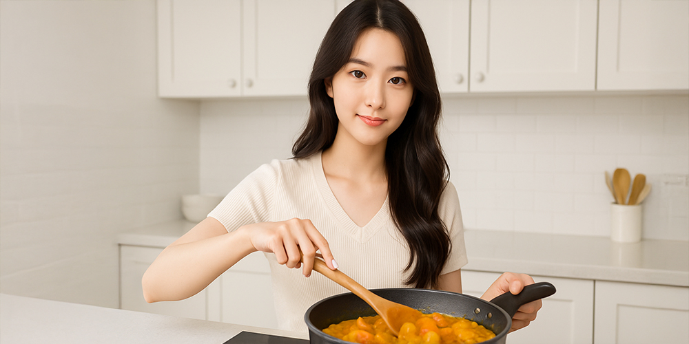 강황을 넣고 요리 중인 사람