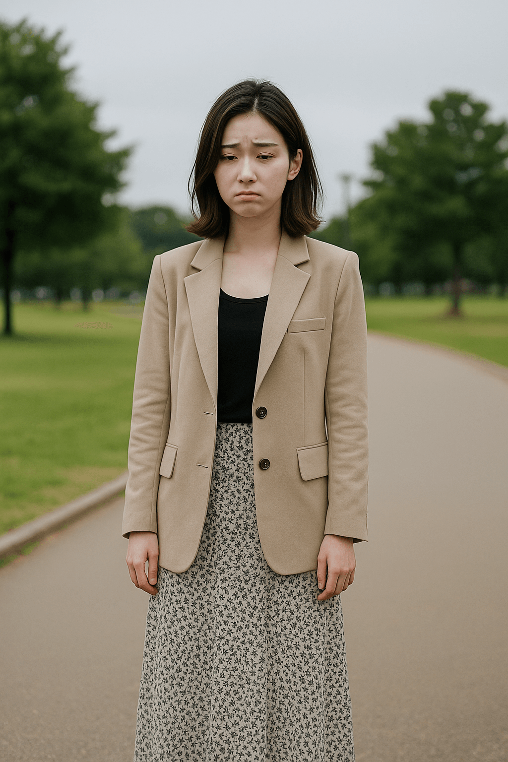 밝은 야외에서 혼자 사진을 찍고 있는 한국인 젊은 여성, 옷 선택으로 인해 얼굴이 창백해 보이고 다리가 짧아 보이는 모습