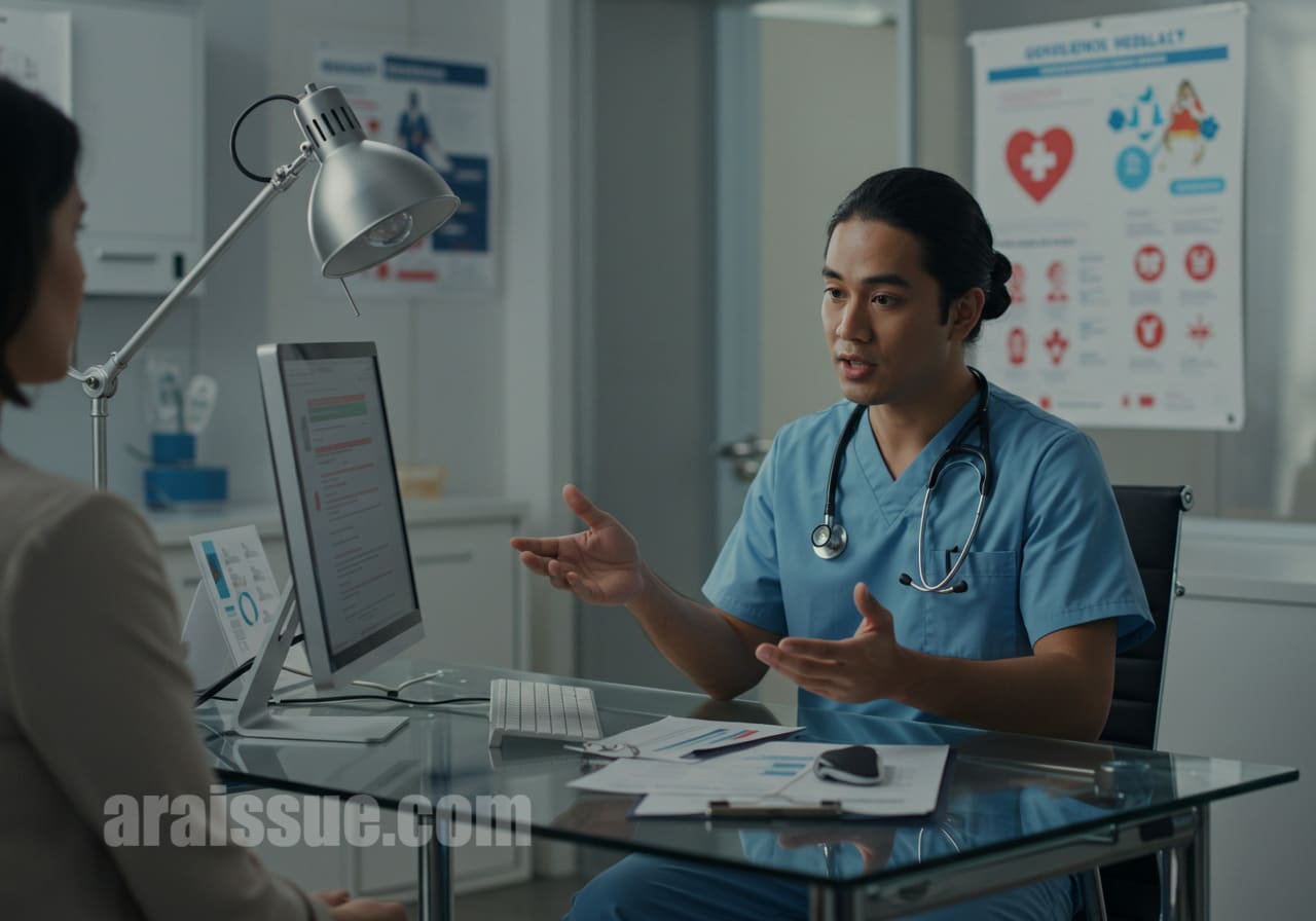 정부 지원 정책을 설명하는 외국인 의료 전문가와 환자가 현대적인 병원 사무실에서 대화하는 모습. 컴퓨터와 의료 문서들이 보인다. 이 이미지는 정부의 건강 지원 정책에 대한 설명을 시각적으로 전달합니다.