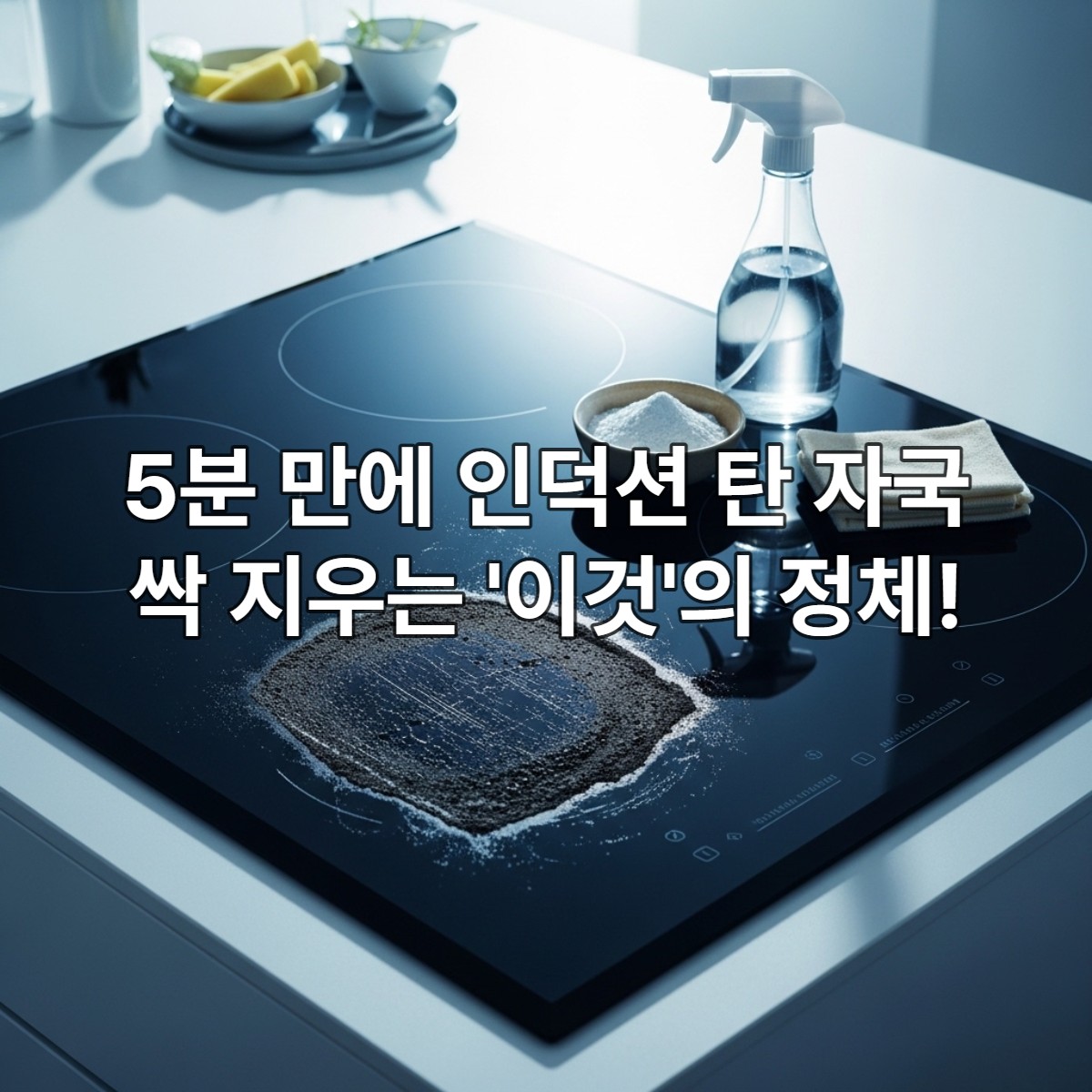 거뭇하게 탄 자국이 있는 인덕션 상판 옆에 베이킹소다와 식초가 놓여있는 모습으로, 쉽고 효과적인 청소 방법을 암시합니다.