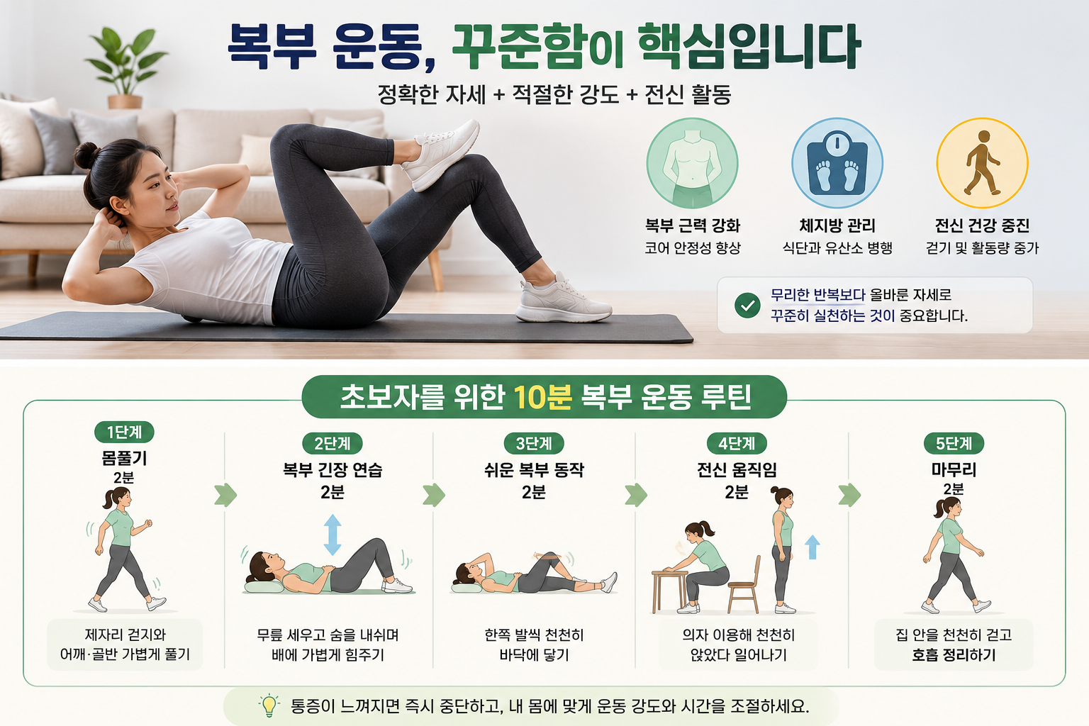 몸풀기부터 복부 긴장 연습과 전신 움직임까지 구성한 초보자 10분 복부 운동 순서