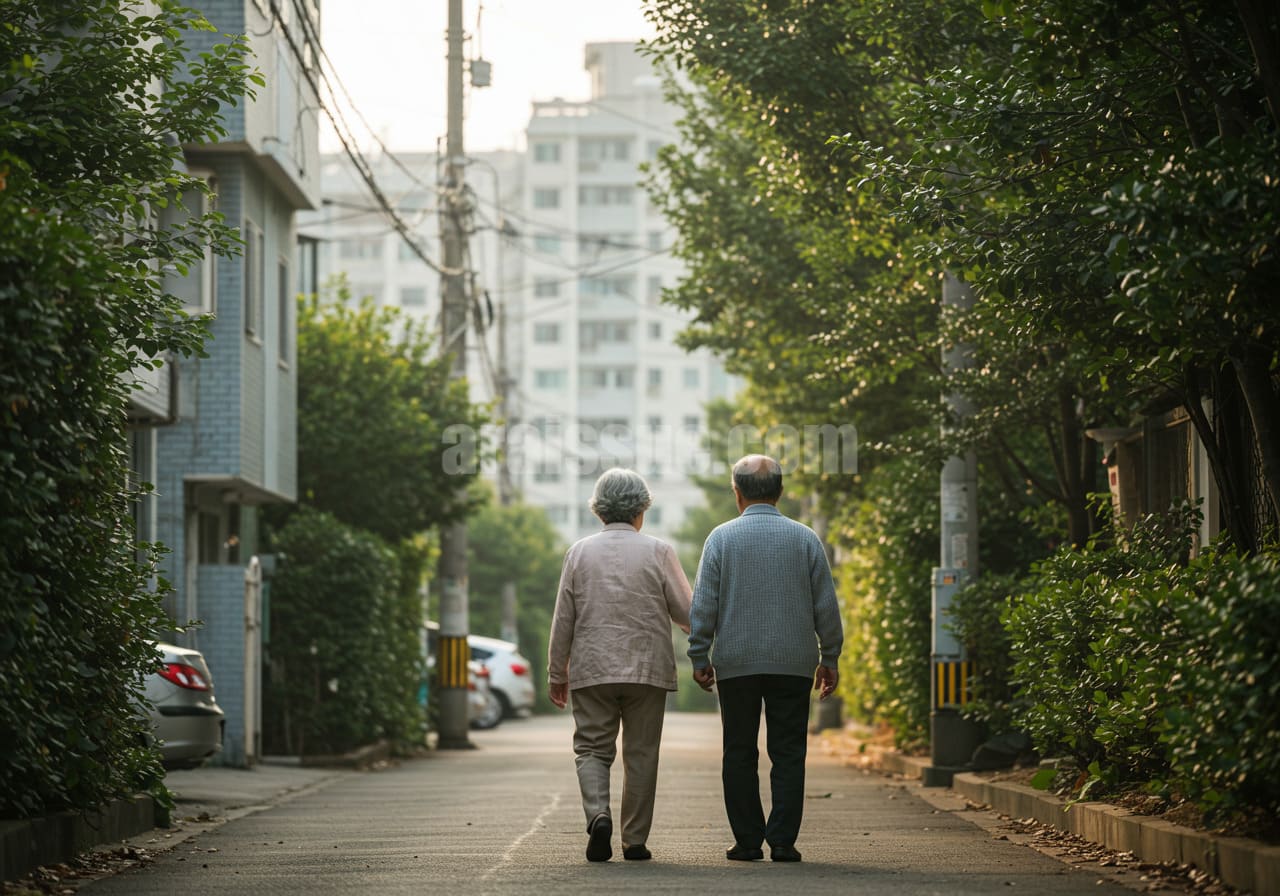 한국의 고령 부부가 도시 주거지 골목에서 서로 부축하며 천천히 걷고 있는 장면. 주변은 아파트 단지와 나무로 둘러싸인 현실적인 도시 배경으로, 초고령사회의 일상적 풍경을 담은 이미지.