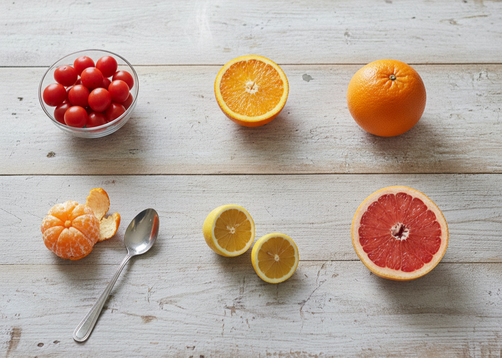 토마토, 귤, 오렌지, 레몬, 자몽이 담긴 이미지