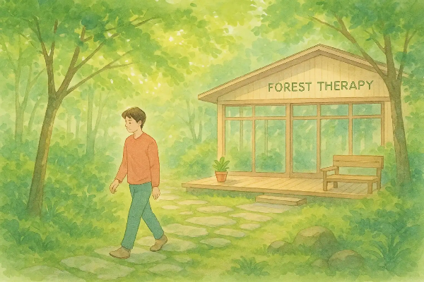 숲속 테라피 센터 앞을 산책하는 남성의 평온한 장면