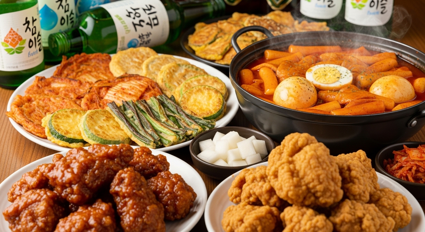 A spread of delicious Korean anju dishes including fried chicken, jeon, and tteokbokki on a table.