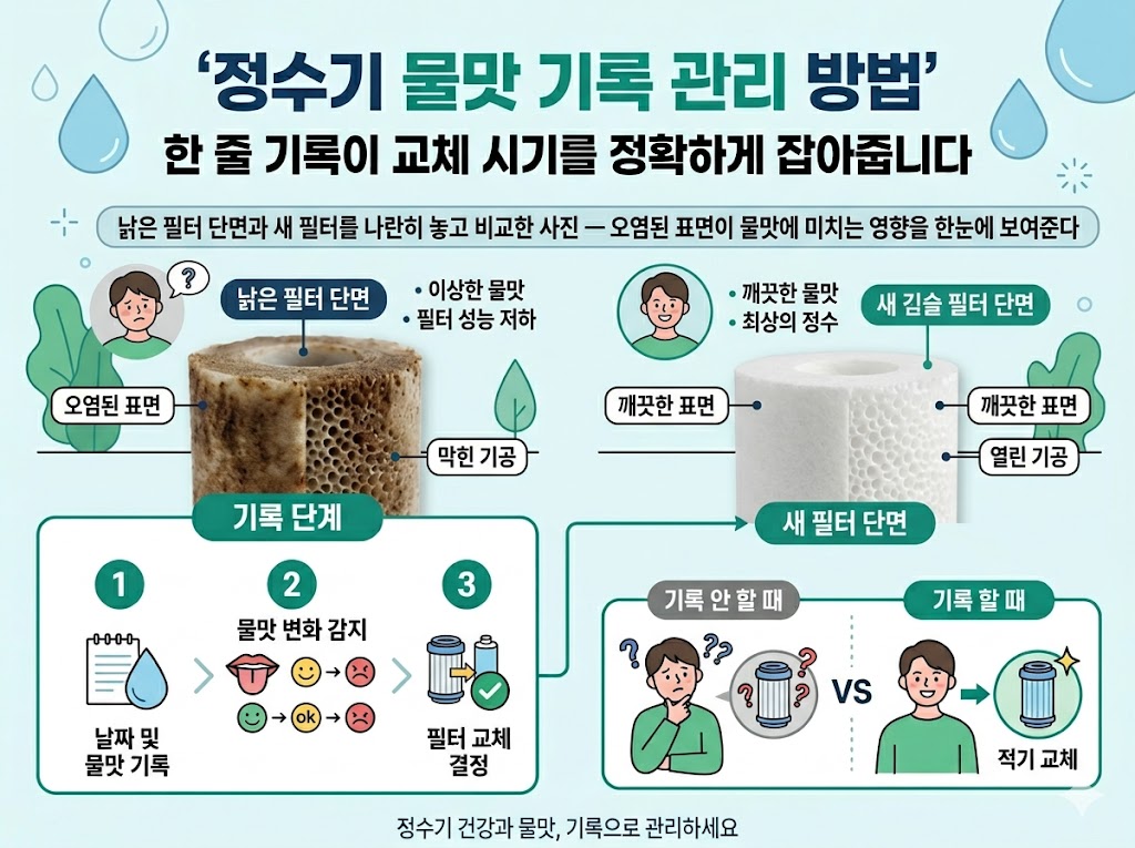 정수기 물맛 문제를 직접 확인하는 사용자 모습