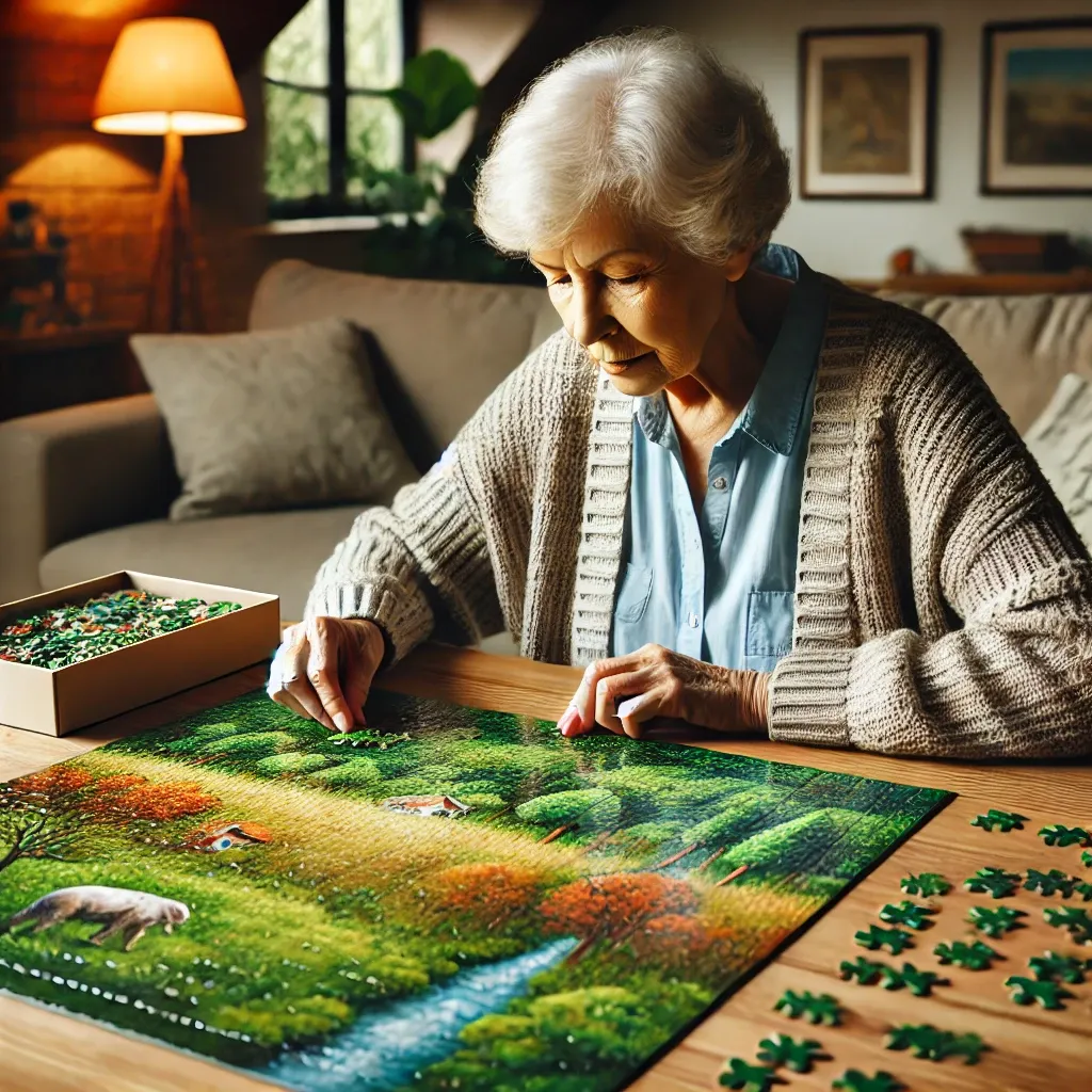 퍼즐을 맞추고 있는 노인의 집중된 모습. 따뜻한 조명 아래 테이블에 앉아 자연 풍경이 그려진 퍼즐 조각을 하나씩 맞추고 있음.