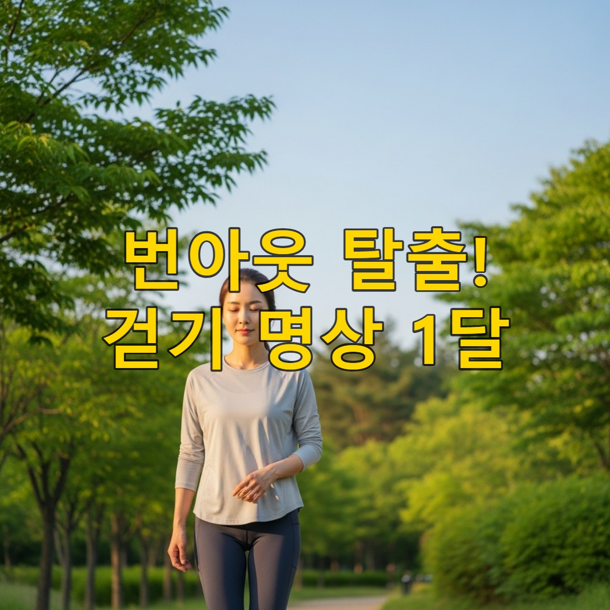 아름다운 한국 공원에서 평화롭게 걷기 명상을 하는 한국 여성.