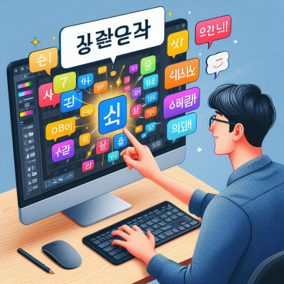 다양한 텍스트와 아이콘을 다루는 디지털 디자인 작업