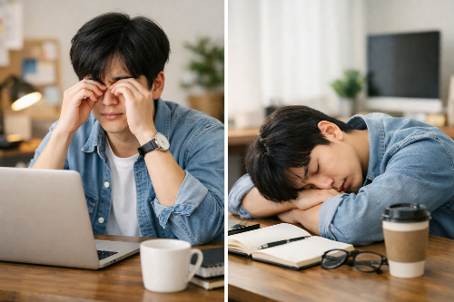 책상 위에 엎드려 잠든 직장인 모습, 업무로 지친 사람 이미지