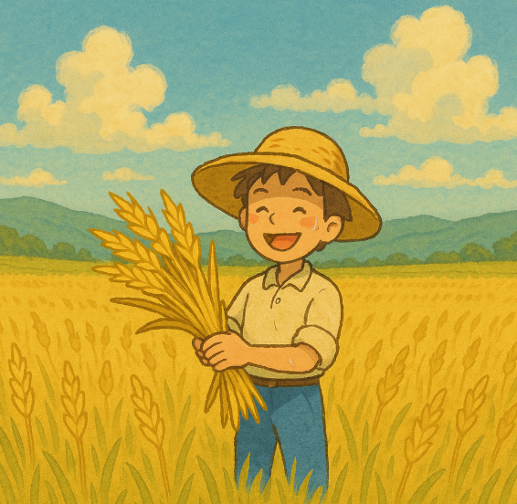청년농부가 밀 밭에서 밀을 들고 있는 모습