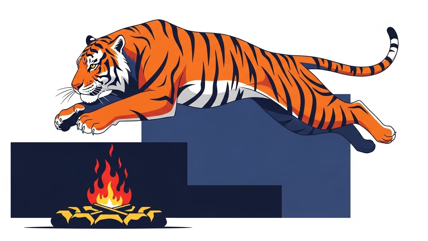넘치는 열정을 절제된 용기로 승화시켜 장애물을 가볍게 뛰어넘는 호랑이띠의 역동적인 운세 그래픽