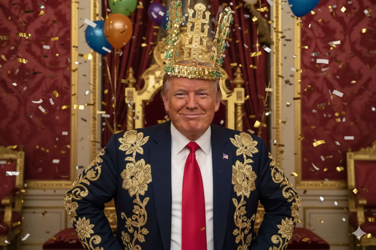 왕 트럼프 즉위식 버전,트럼프가 금관을 머리에 쓴 모습으로 합성해줘. 배경은 화려한 왕좌의 방처럼 만들고, 트럼프는 양손을 허리에 올리고 뿌듯한 표정을 짓고 있어야 해. 금관은 약간 과장된 크기로 반짝이게 표현