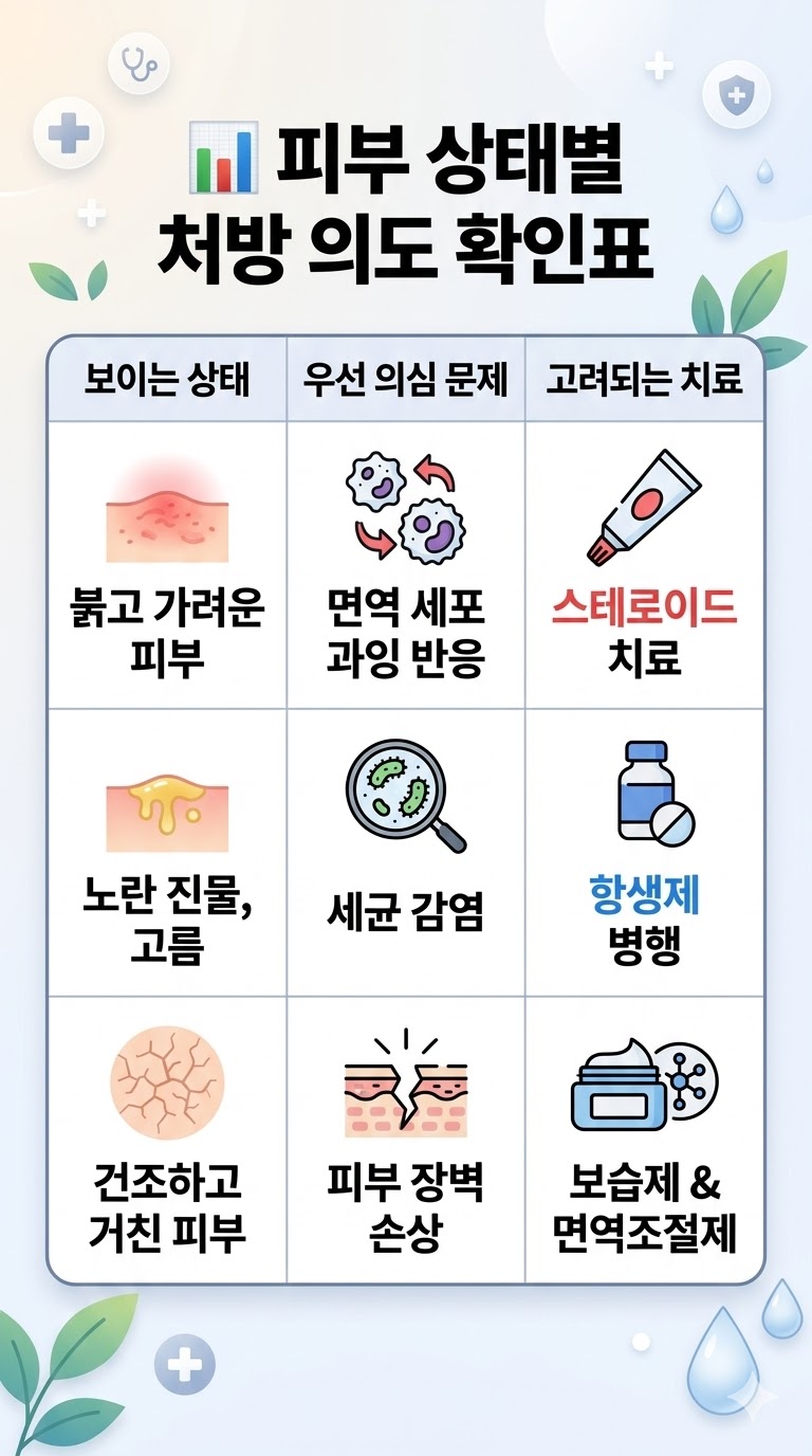 피부 상태별 처방 의도 확인표: 붉은 염증, 진물 감염, 건조 피부에 따른 치료 선택