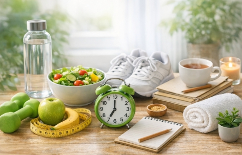 일상에서 실천하는 건강한 생활습관을 표현한 이미지