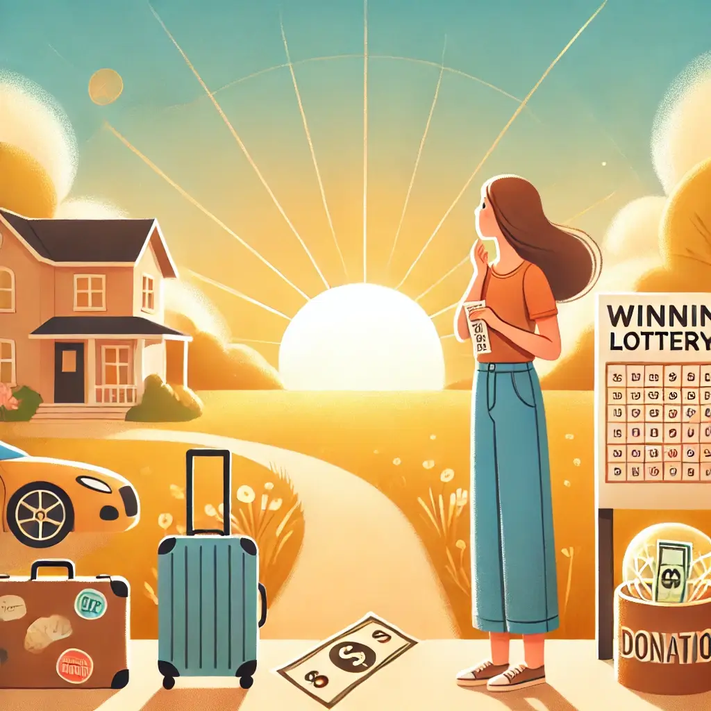 로또 당첨 후 밝은 미래를 신중히 계획하는 분위기(여행가방, 돈, 해가뜨고 있는, 집, 로또복권, 집, 사람)