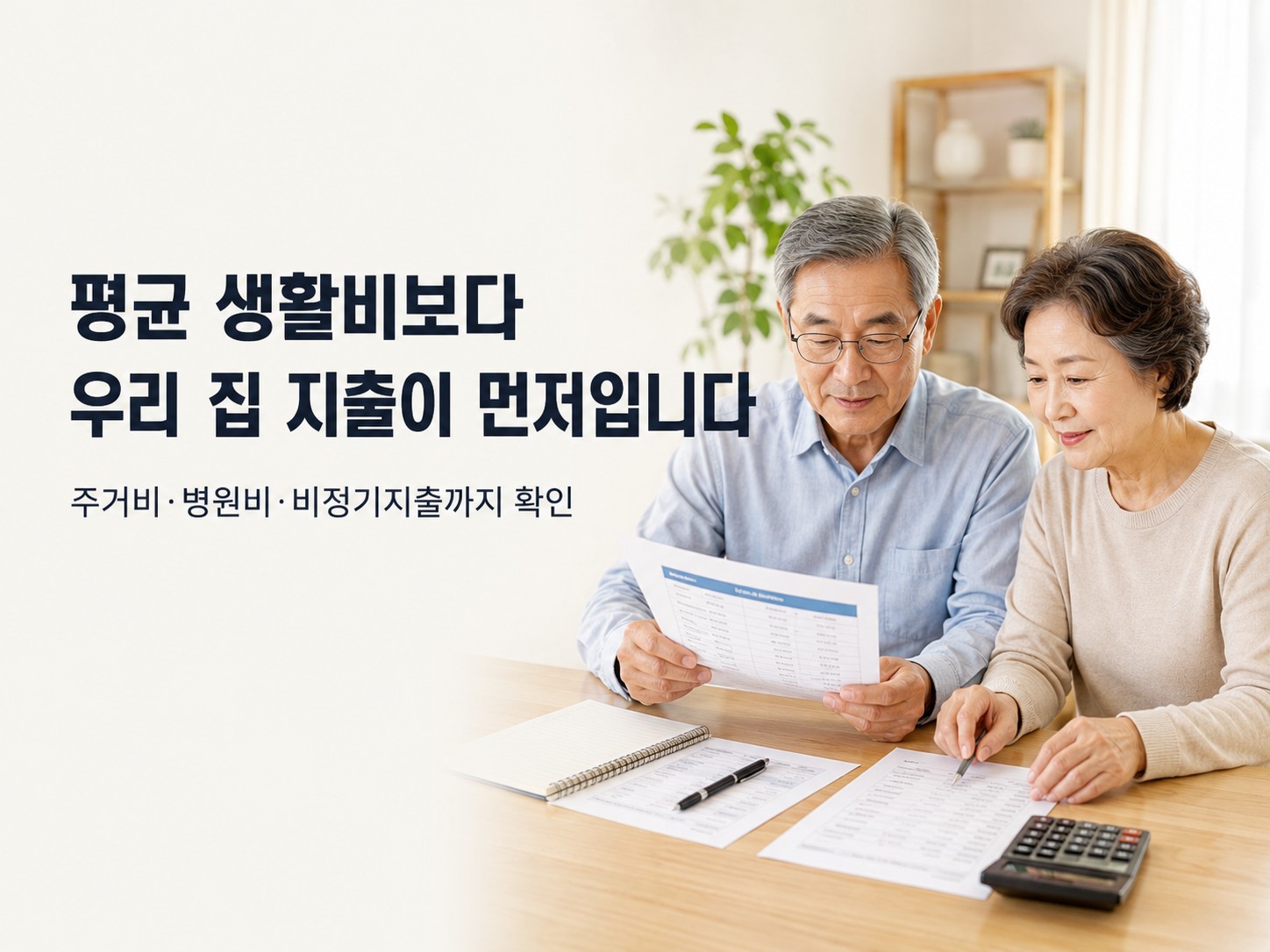 60대 한국인 부부가 식탁에서 국민연금 입금내역과 한 달 생활비 명세를 펼쳐 놓고 최소생활비, 기본생활비와 안전생활비를 구분해 적는 실사형 이미지