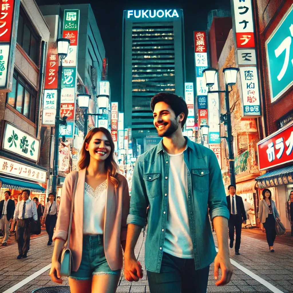 커플이 후쿠오카의 번화한 야경 속에서 손을 잡고 산책하는 모습.