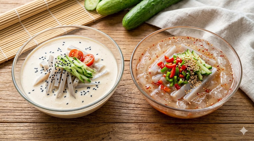 Comparison of savory soy milk agar-agar soup and refreshing clear anchovy broth cold jelly soup in glass bowls