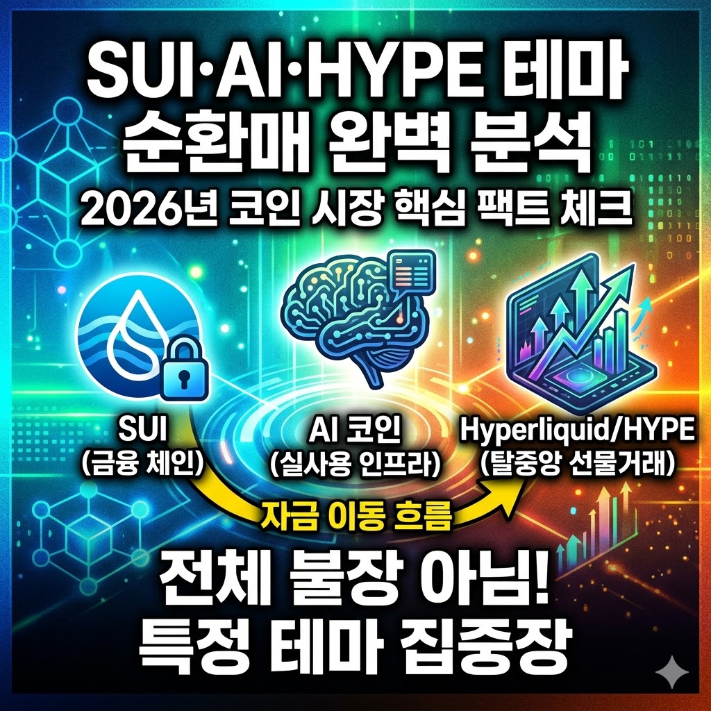 2026년 코인 시장 분석: SUI, AI 코인, Hyperliquid(HYPE) 테마 순환매 흐름도와 '전체 불장이 아닌 특정 테마 집중장'이라는 문구가 적힌 인포그래픽