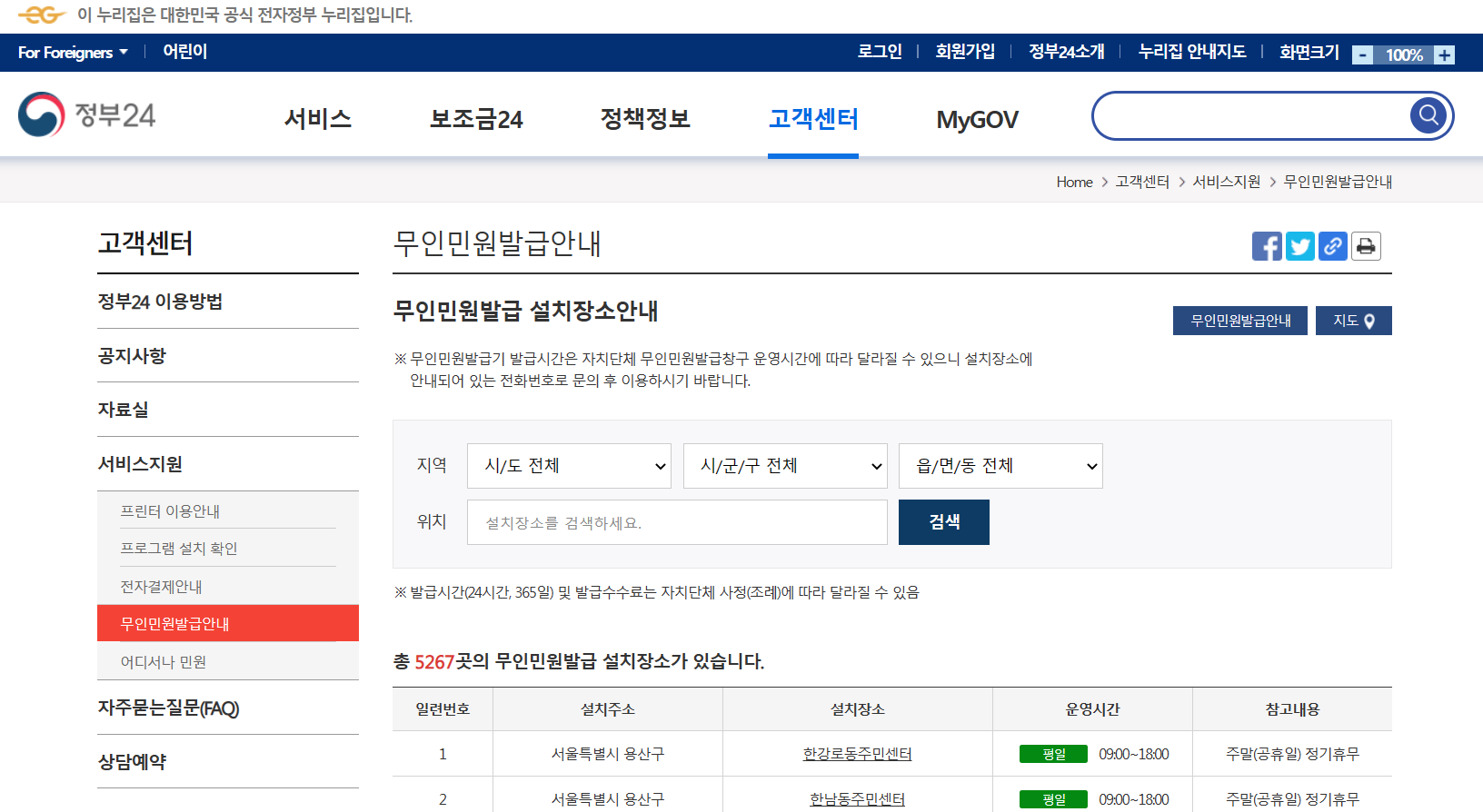 무인민원발급기 위치 시간 안내