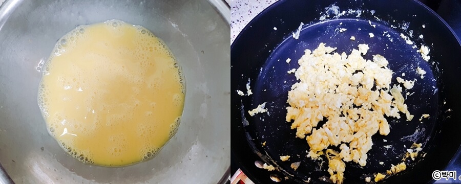 팬에서 스크램블에그를 만드는 과정