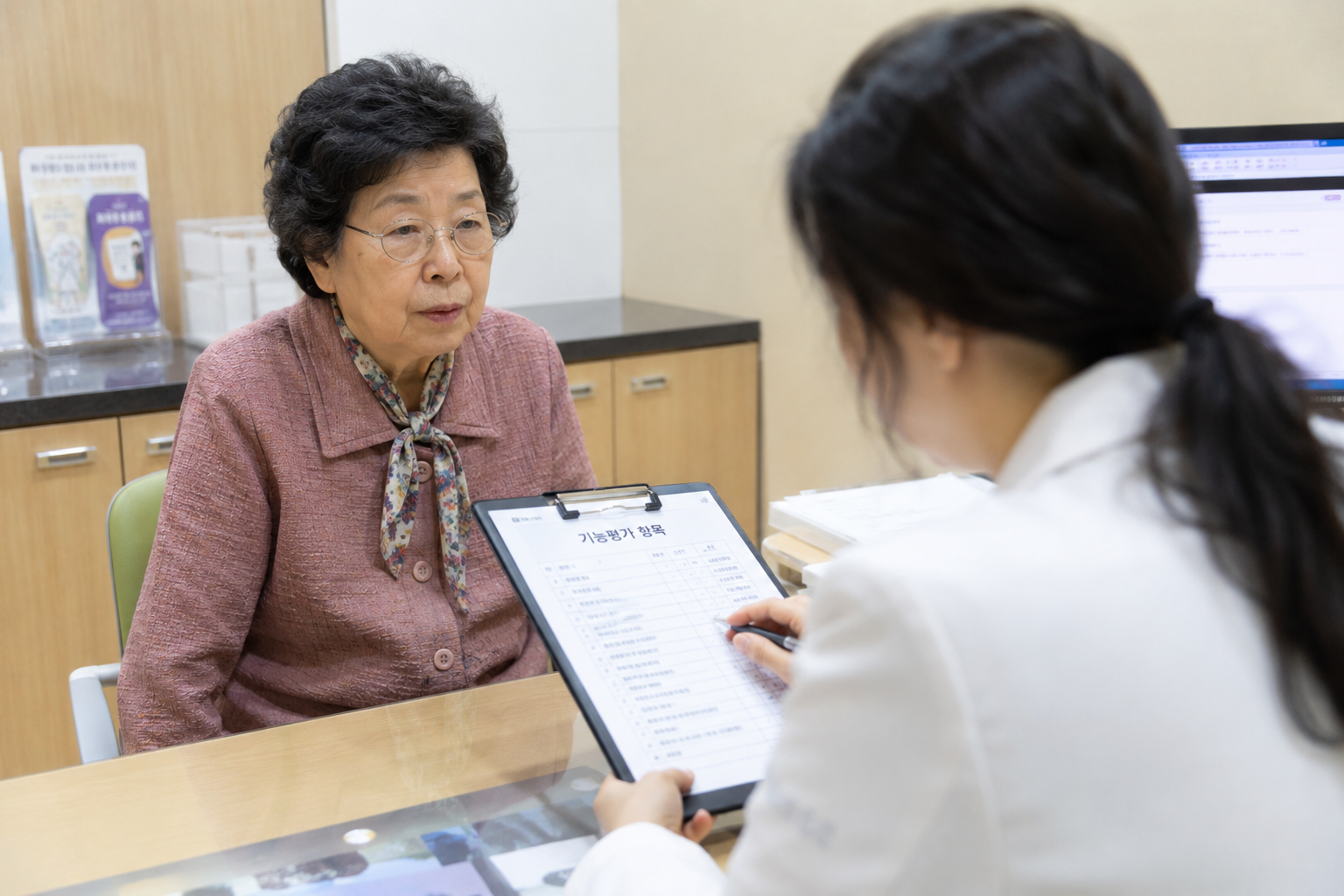 병원에서 의료진고 마주앉아 기능평가 항목을 안내받는 70대 어르신