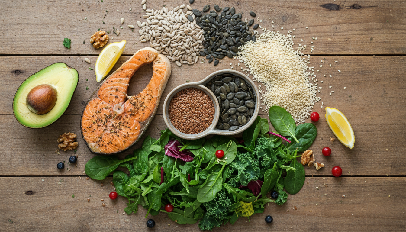 시드 사이클링을 위한 아마씨, 호박씨, 연어, 아보카도 등 건강한 식재료가 놓인 테이블