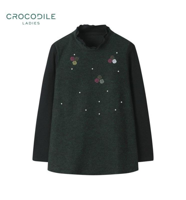 크로커다일레이디 2단 레이스 하프넥 로즈 프린팅 티셔츠 - 다크그린DG CLAWTS107