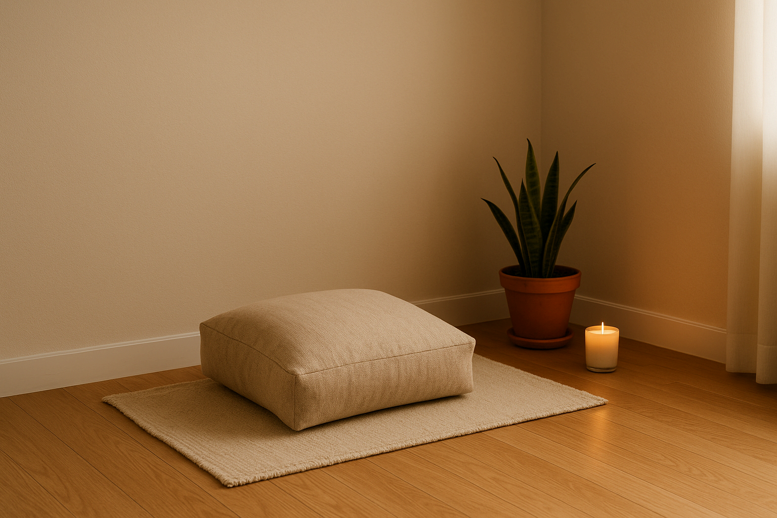 조용한 방 안에 러그와 쿠션, 향초가 놓인 작은 명상 공간