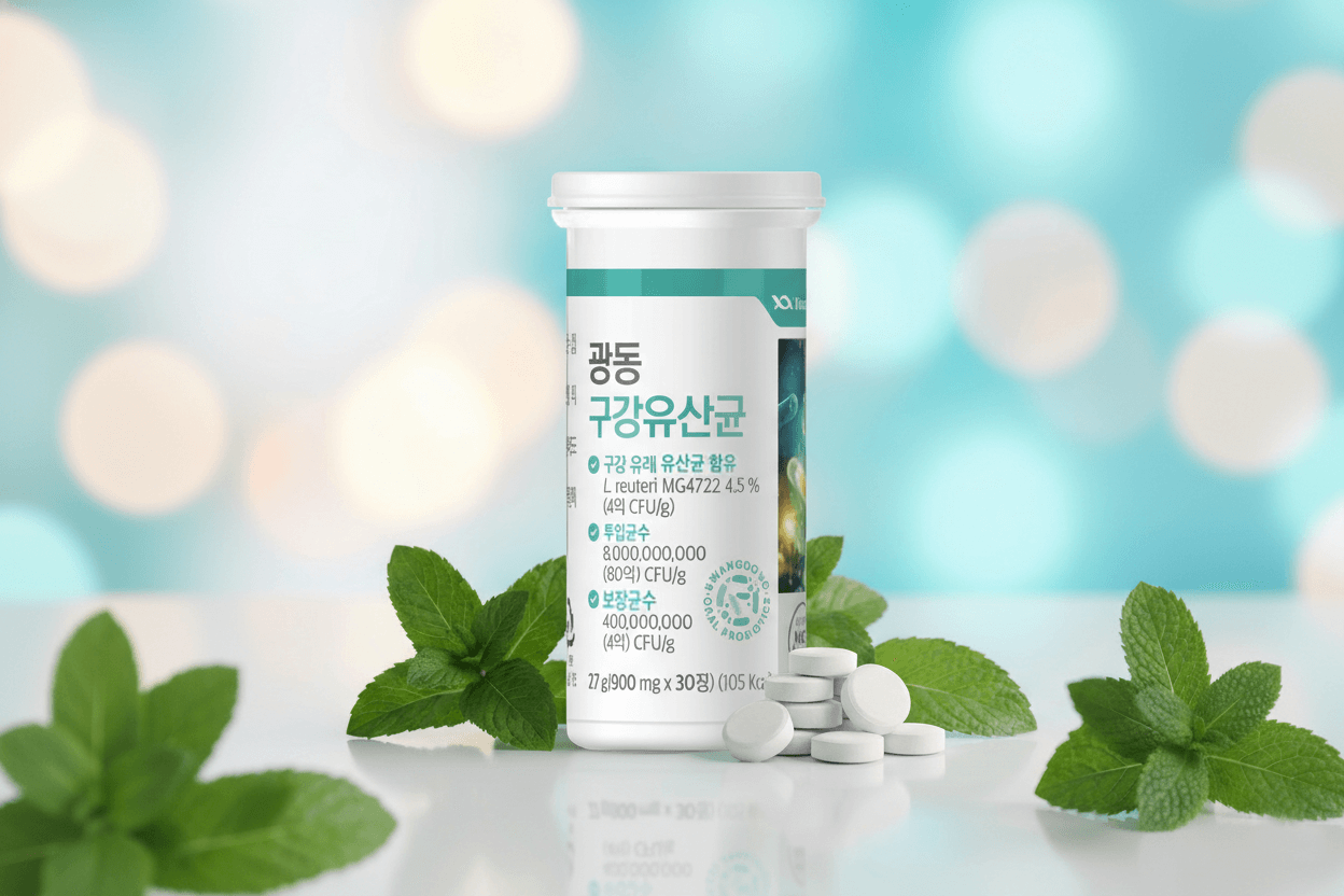 민트색 보케 배경 위에 광동 구강유산균 튜브와 흰색 정제들이 놓여 있고, 주변에 신선한 민트 잎이 배치된 상쾌한 구강 유산균 제품 연출 이미지