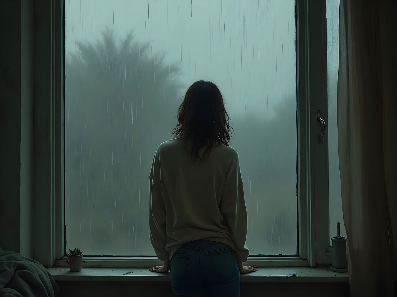 비오는 창밖을 바라보는 여자모습