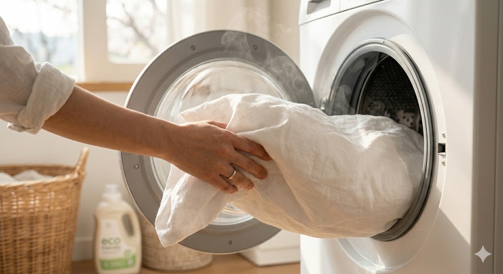 "세탁기에서 갓 세탁을 마친 깨끗한 화이트 린넨 베개 커버를 꺼내는 모습. 청결하고 상쾌한 세탁 완료 이미지를 강조한 고화질 실사."