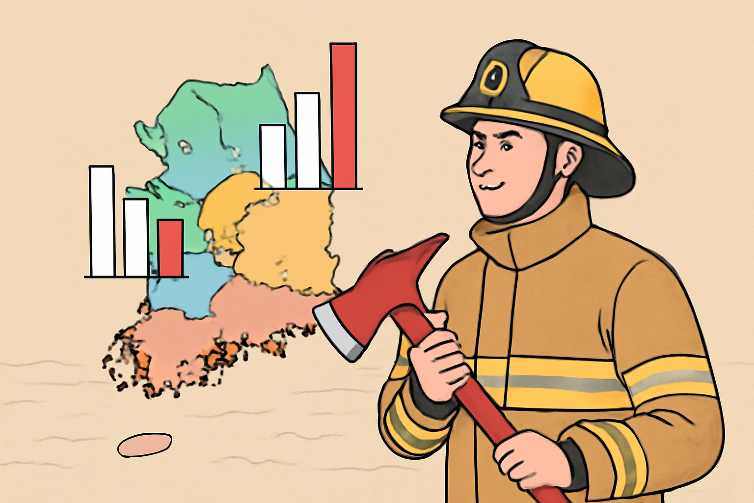 소방복을-입은-소방관이-도끼를-들고-오른쪽을-바라보며-서-있고,-배경에는-대한민국의-지역별-소방공무원-시험-합격선-차이를-나타내는-지도와-색상별로-구분된-지역들이-보인다.-지도에는-각-지역의-합격선-차이를-강조하는-막대-그래프가-표시되어-있다.